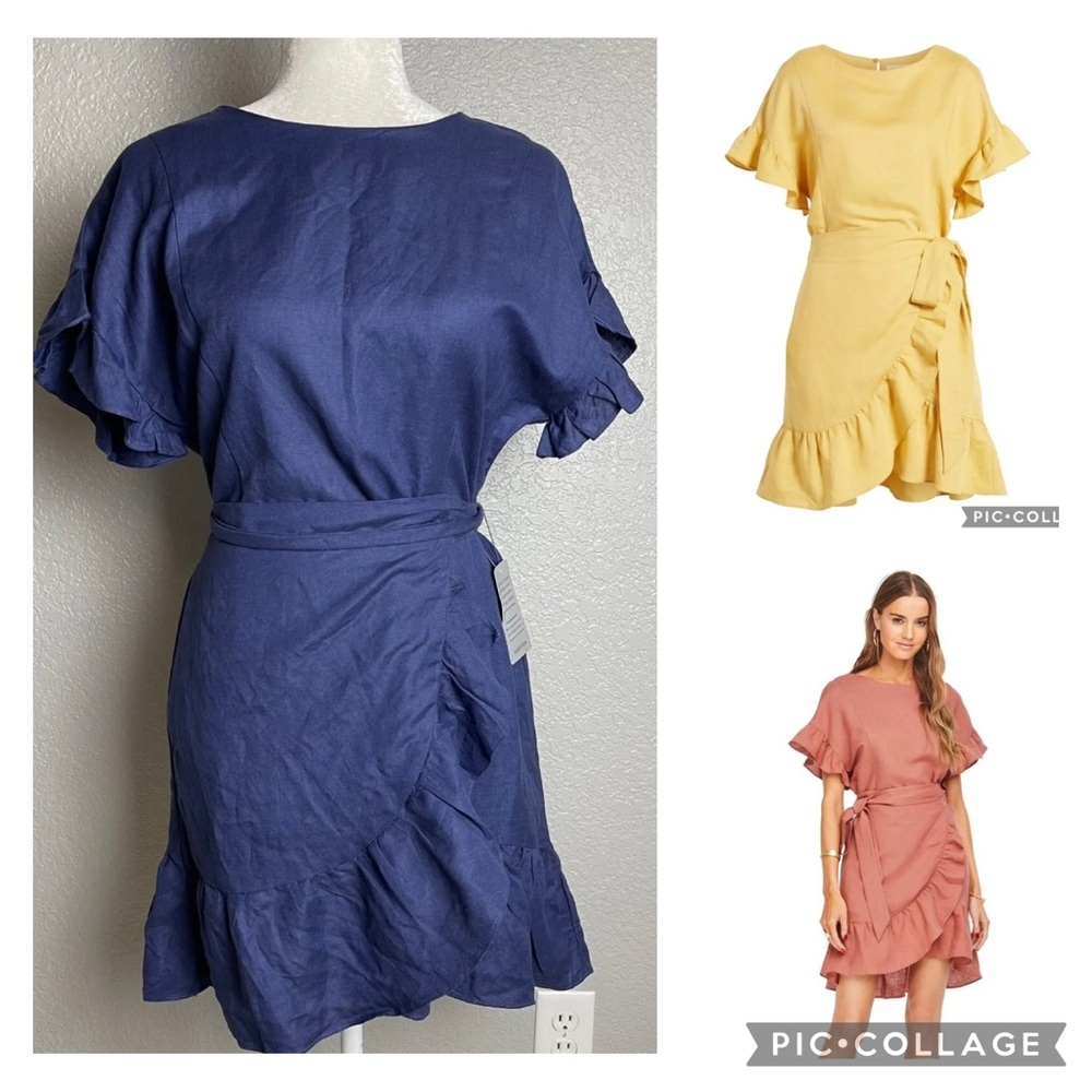 NWT ASTR The Label Blue Linen Ruffle Wrap Dress Sz XS